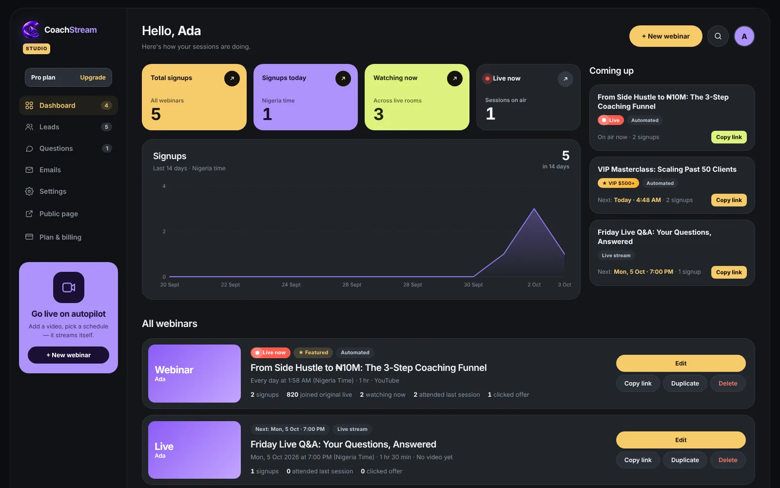 The CoachStream Studio dashboard